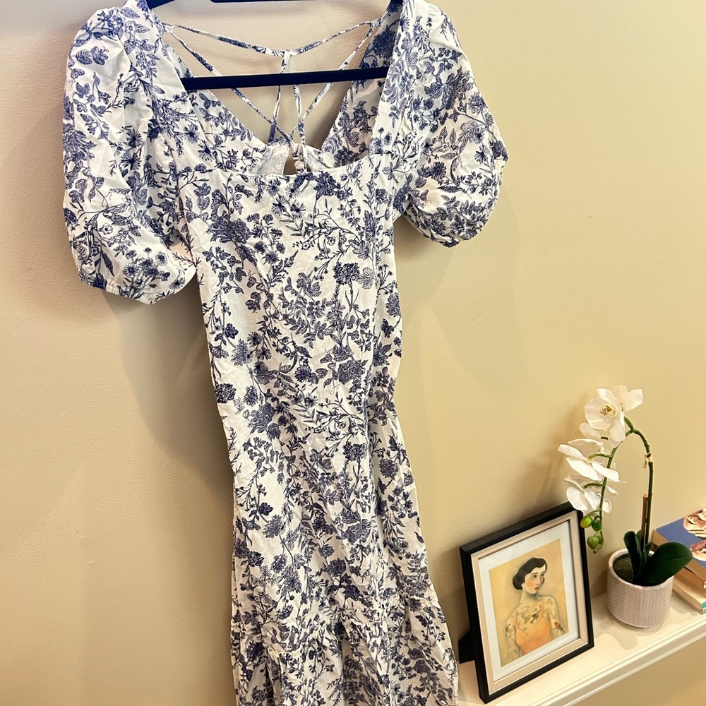 Tuckernuck Style Floral Blue and White Midi Linen Dress